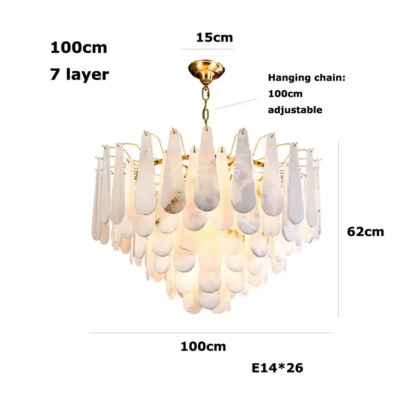 Elegant 7-layer art deco marble tiered LED chandelier with teardrop white marble shades and gold frame by decorbites