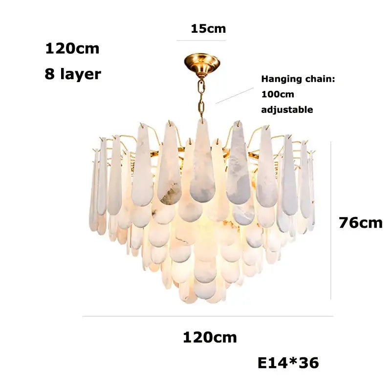 A luxurious 8-layer gold decorbites art deco marble tiered led chandelier with white and gray teardrop shades for dining room decor