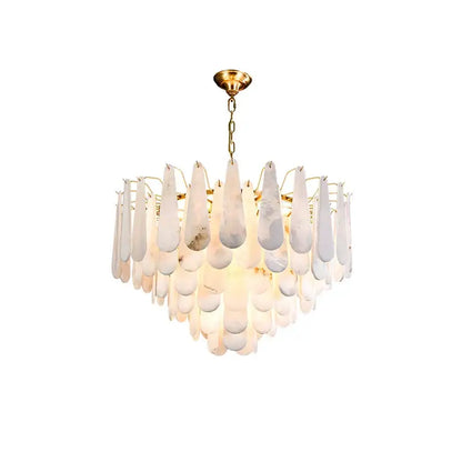 A decorbites art deco marble tiered led chandelier with cascading white translucent teardrop shades on gold frame for dining room decor