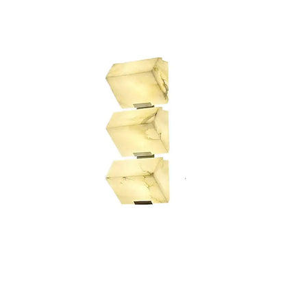Three stacked cream-colored onyx art deco marble wall sconces with green veining by decorbites for living room decor