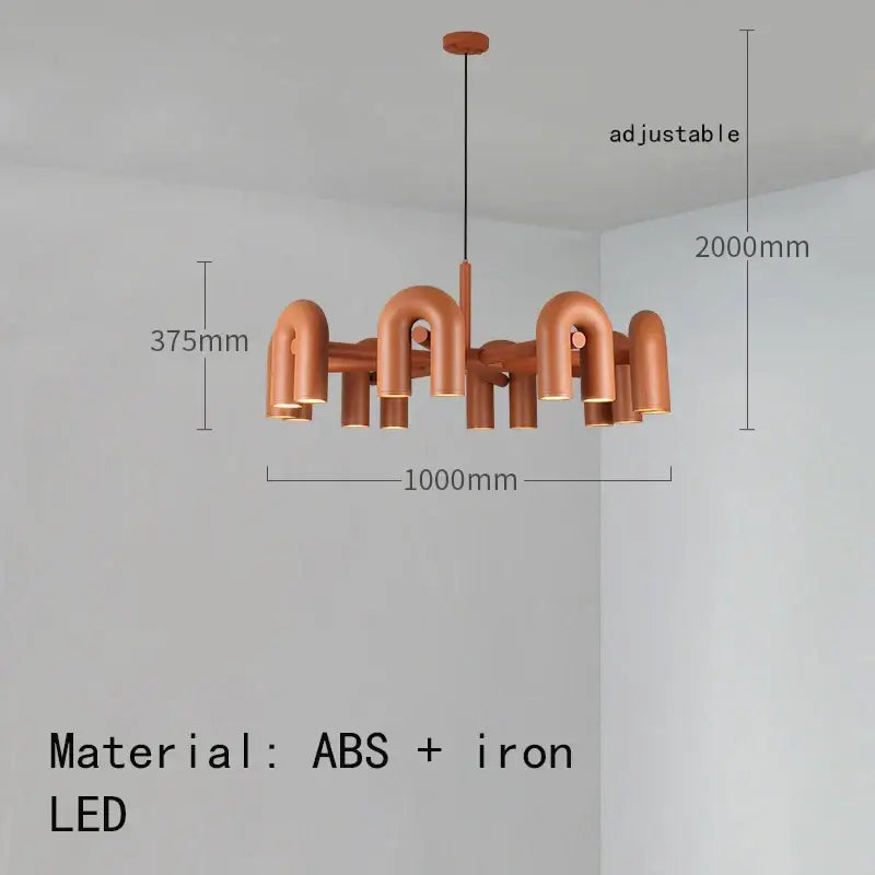 Copper-colored art deco metal industrial chandelier with geometric pipe design in black and orange for dining room decorbites art deco