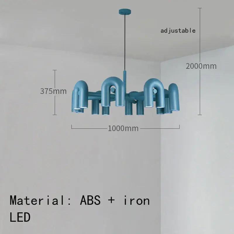 Modern teal-colored art deco metal chandelier with modular abs and iron u-shaped arms featuring led lights