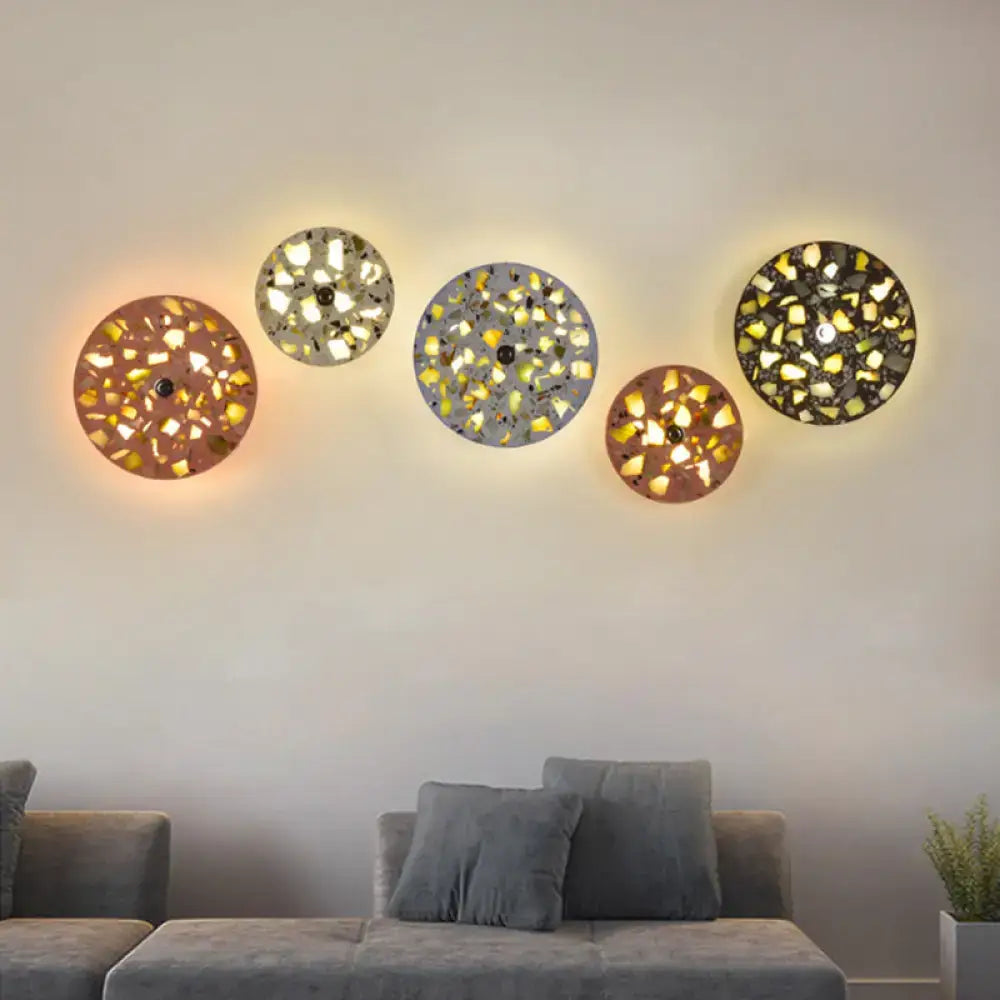 Five art deco mosaic terrazzo led wall light sconces with warm copper gold silver and green tones for living room wall sconce