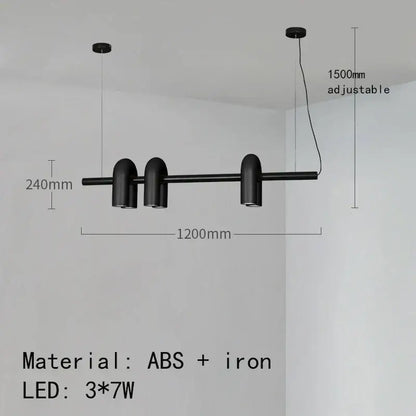 Black modern art deco metal pendant light with three cylindrical led lamps on horizontal bar for dining room decor