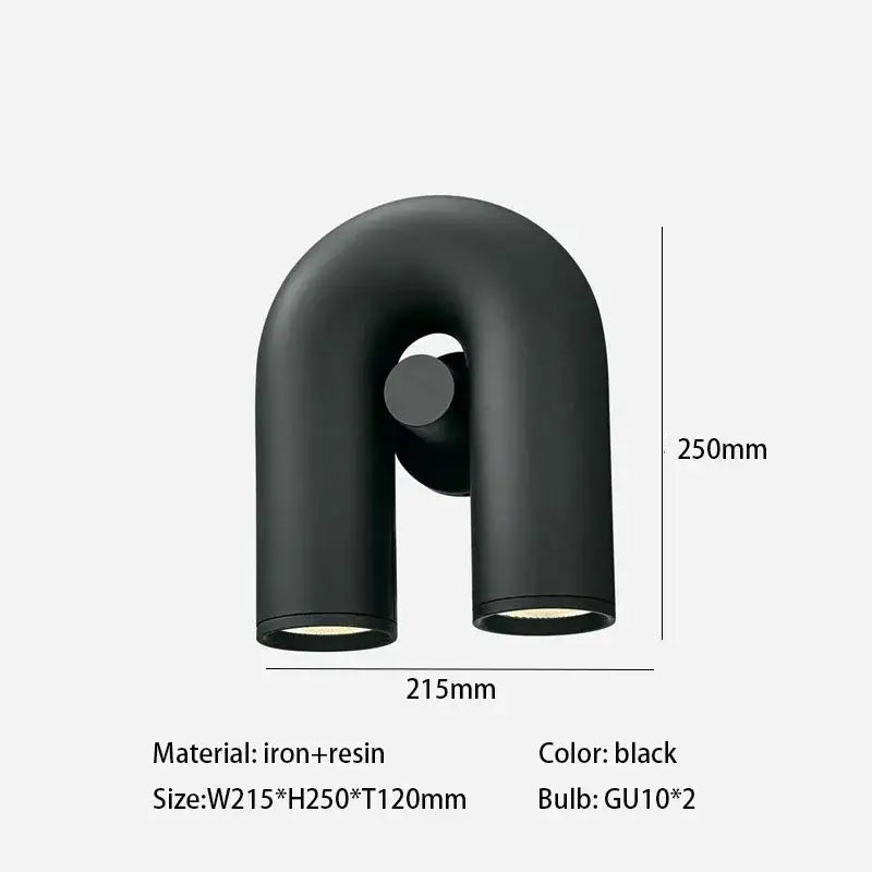 Black u-shaped wall-mounted iron and resin light fixture with two gu10 bulbs for art deco metal decorbites lighting