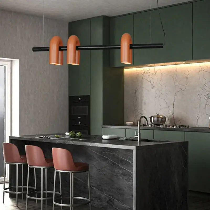 Modern copper-toned art deco metal pendant light with three arched fixtures from decorbites art deco collection