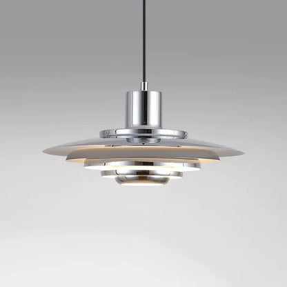 Art deco pendant light with chrome finish and concentric aluminum shades ideal for dining rooms under 20 square meters