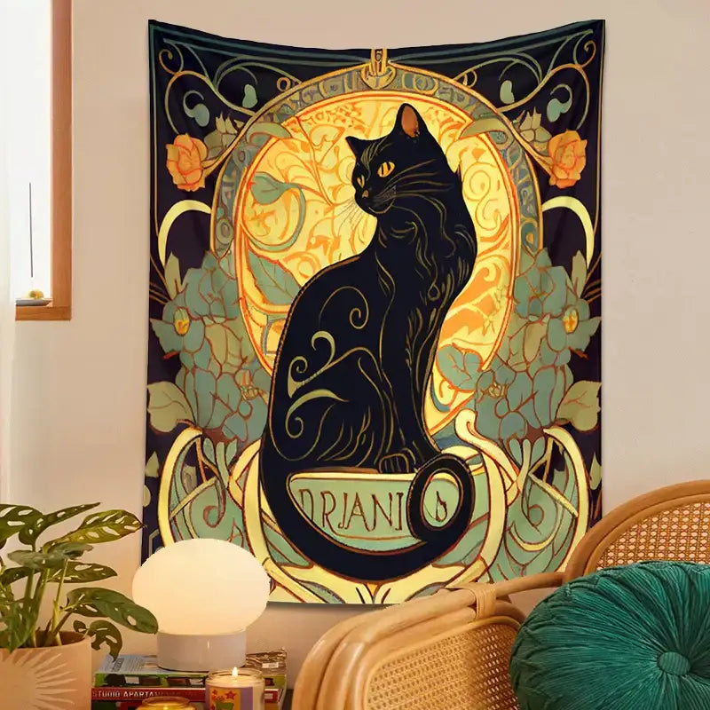 Art nouveau black cat tapestry with gold and teal floral patterns on dark background for decorbites black cat decor