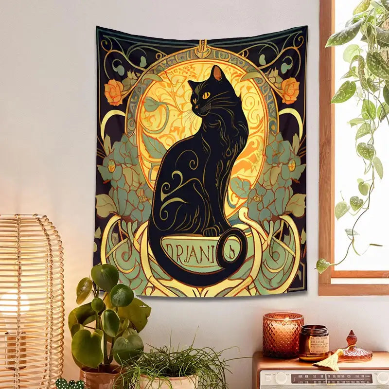 Art nouveau black cat tapestry with gold and teal floral patterns on dark background for decorbites black cat decor