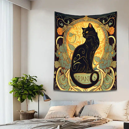 Art nouveau black cat tapestry with gold green design and orianna on tail for decorbites black cat decorbites black