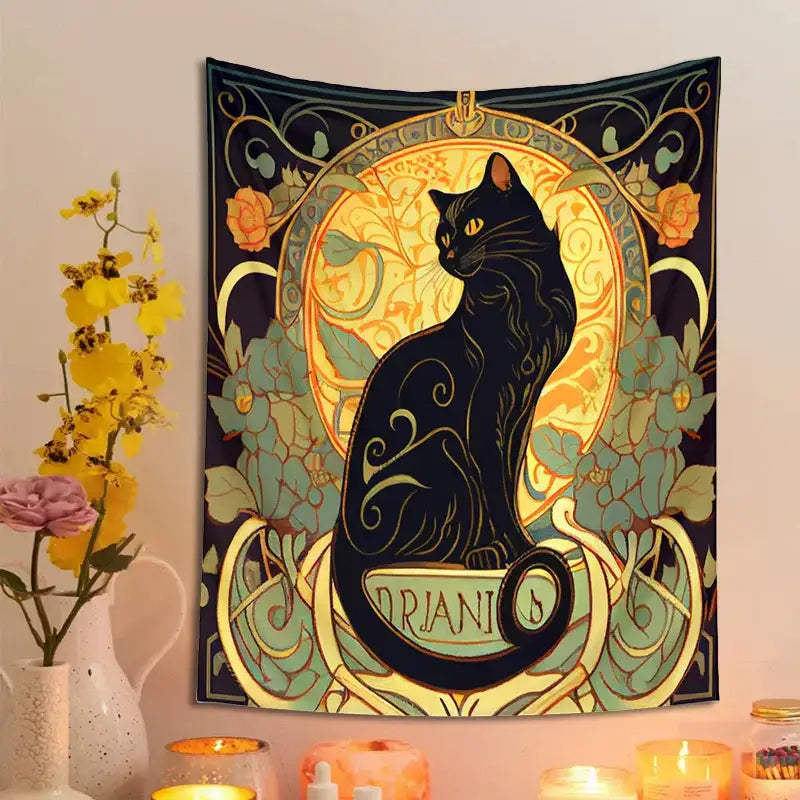 Decorbites black cat tapestry featuring a black cat with golden eyes on an ornate art nouveau floral wall decor