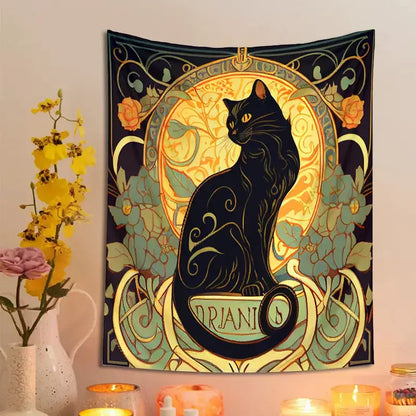 Decorbites black cat tapestry featuring a black cat with golden eyes on an ornate art nouveau floral wall decor