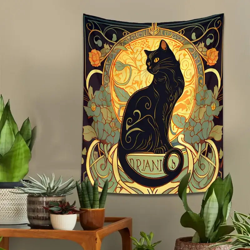 Art nouveau black cat tapestry with intricate gold and teal floral patterns and oriano text decorbites black cat wall decor