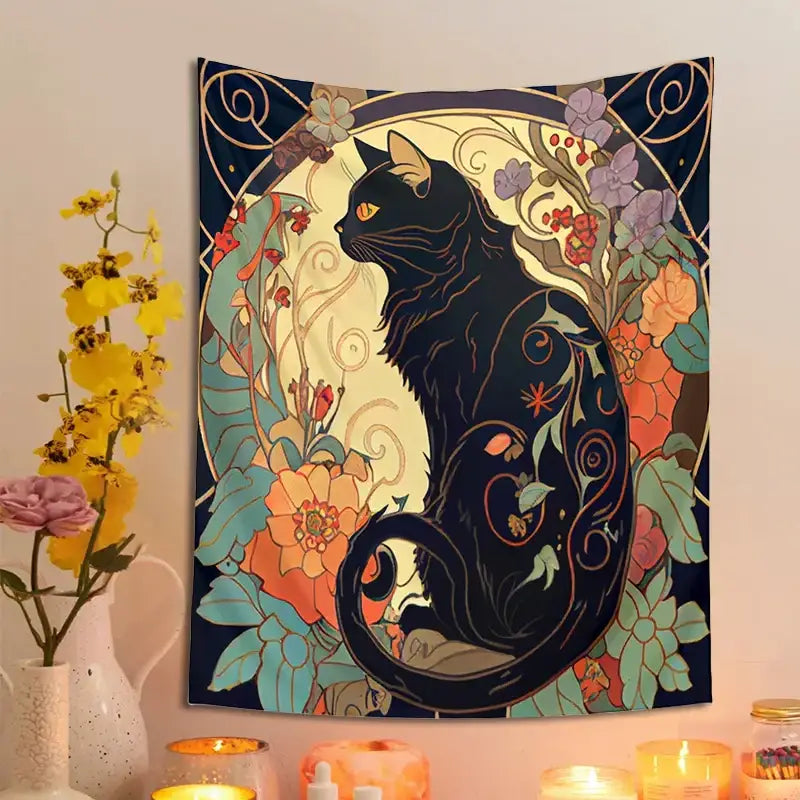 Art nouveau black cat tapestry wall hanging with vibrant floral decor and gold accents on dark blue background by decorbites