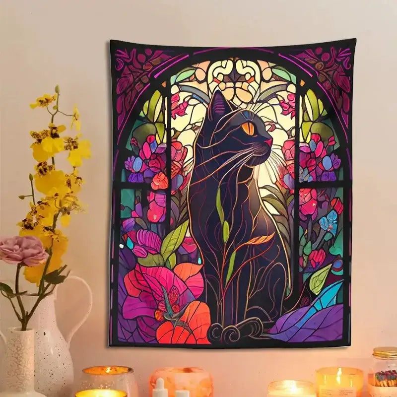 Art nouveau black cat tapestry wall hanging with glowing orange eyes and vibrant floral decorbites black cat design