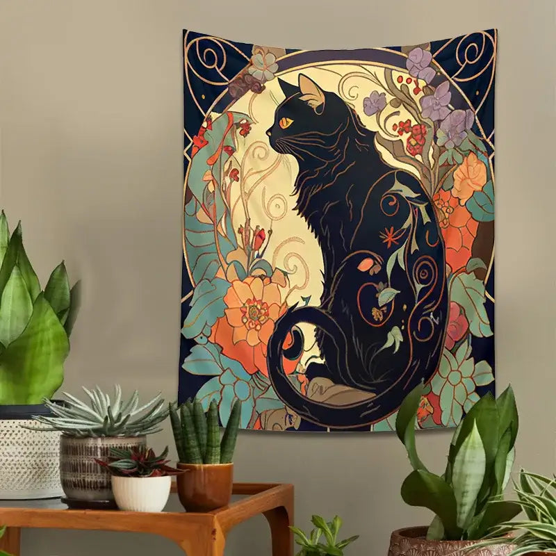 Art nouveau black cat tapestry wall hanging with vibrant floral decorbites black cat design on dark blue background