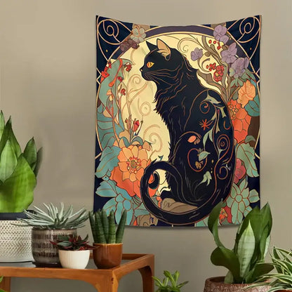 Art nouveau black cat tapestry wall hanging with vibrant floral decorbites black cat design on dark blue background