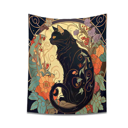 Art nouveau decorbites black cat tapestry wall hanging featuring a black cat with golden eyes on dark blue floral decor
