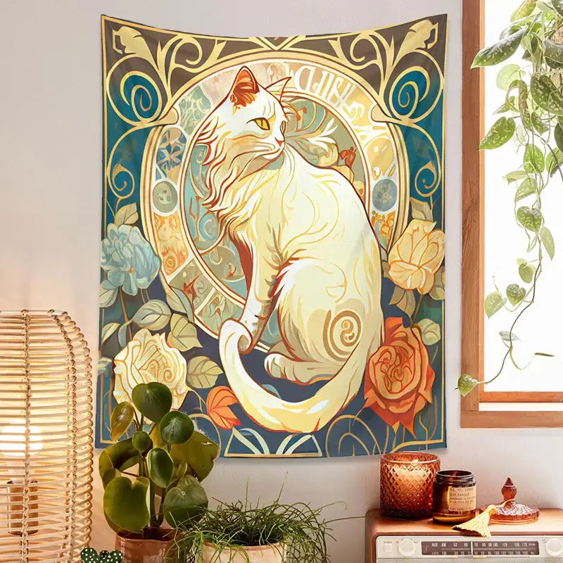 Art nouveau black cat tapestry wall hanging featuring a white cat with orange accents on teal and gold background decorbites black cat