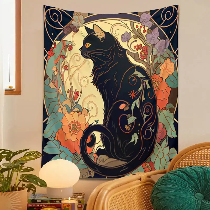Art nouveau black cat tapestry wall hanging with vibrant floral patterns on navy background perfect for bedroom decorbites black cat decor