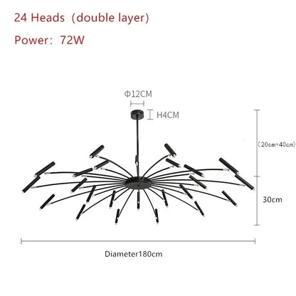 Black metal decorbites art pendant chandelier with 24 led slender arms in radial pattern for living room lighting
