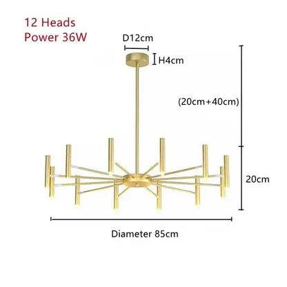 Gold-finished decorbites art pendant chandelier with 12 slender cylindrical light heads in a radial starburst pattern