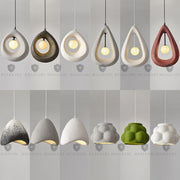 Modern teardrop-shaped art restaurant chandelier with concrete texture in gray white and green featuring led lamp design