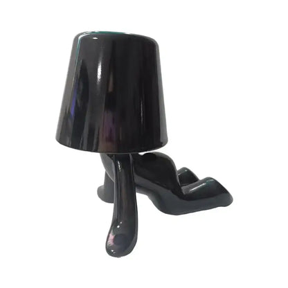 Black glossy man table lamp with lampshade head and high heel legs as articulated golden man night light for bedroom