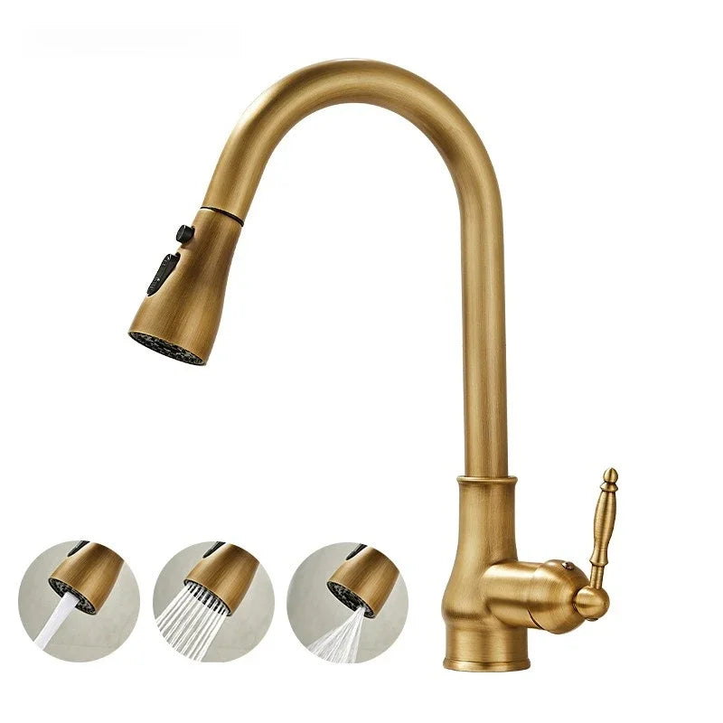 Antique bronze articulated kitchen faucet with a curved spout and pull-down spray head in durable brass finish