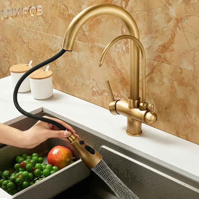 Articulated kitchen faucet antique bronze with durable brass finish, flexible black hose, and pull-out spray head