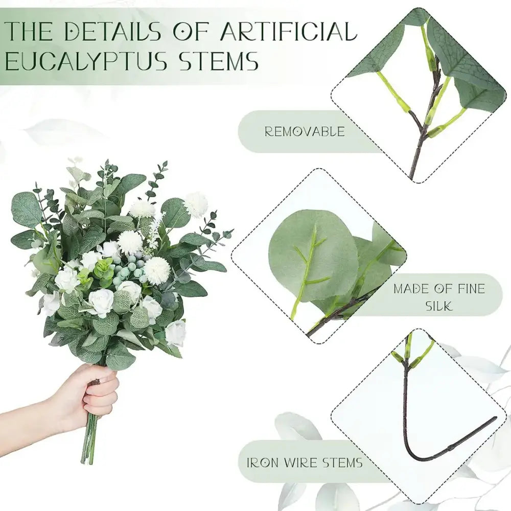 A delicate bouquet of white silk artificial flower plants eucalyptus stems with removable leaves for wedding decor