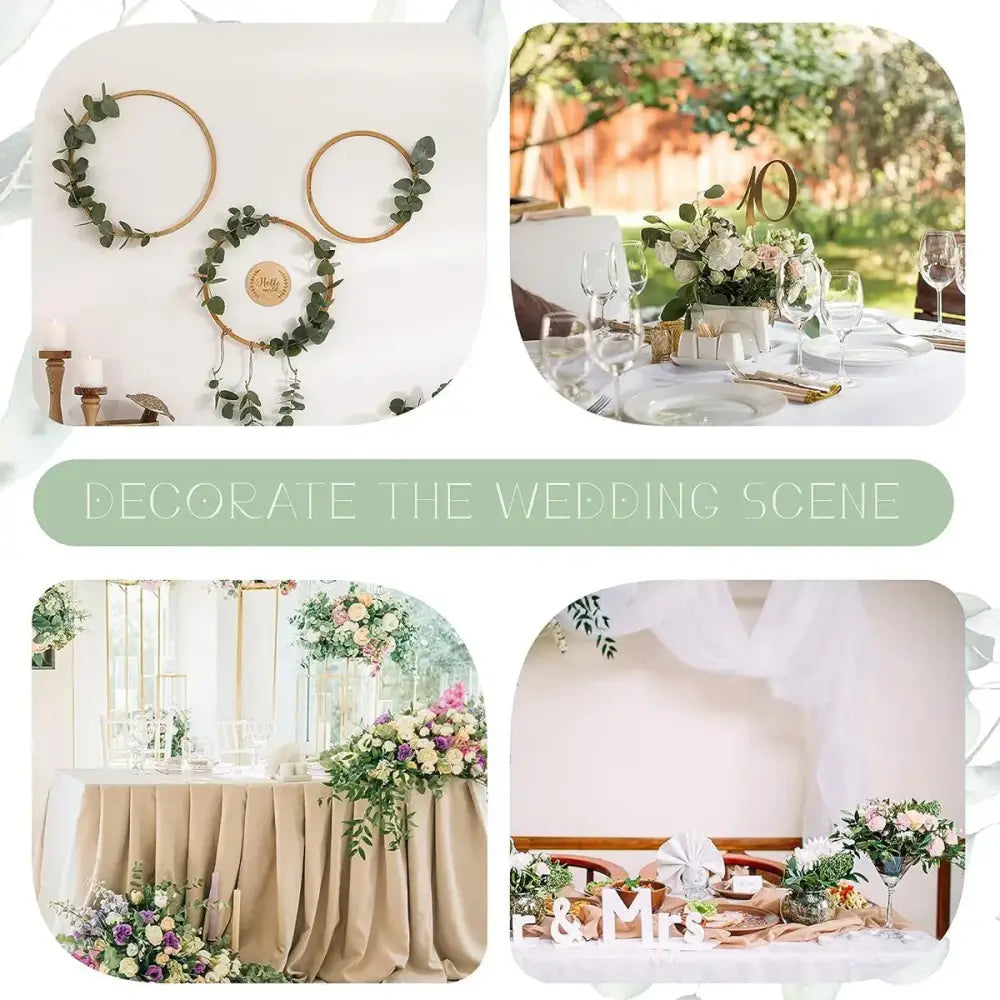 Elegant gold hoop wreaths with fresh green eucalyptus leaves and wooden plaque featuring 30pcs artificial flower plants