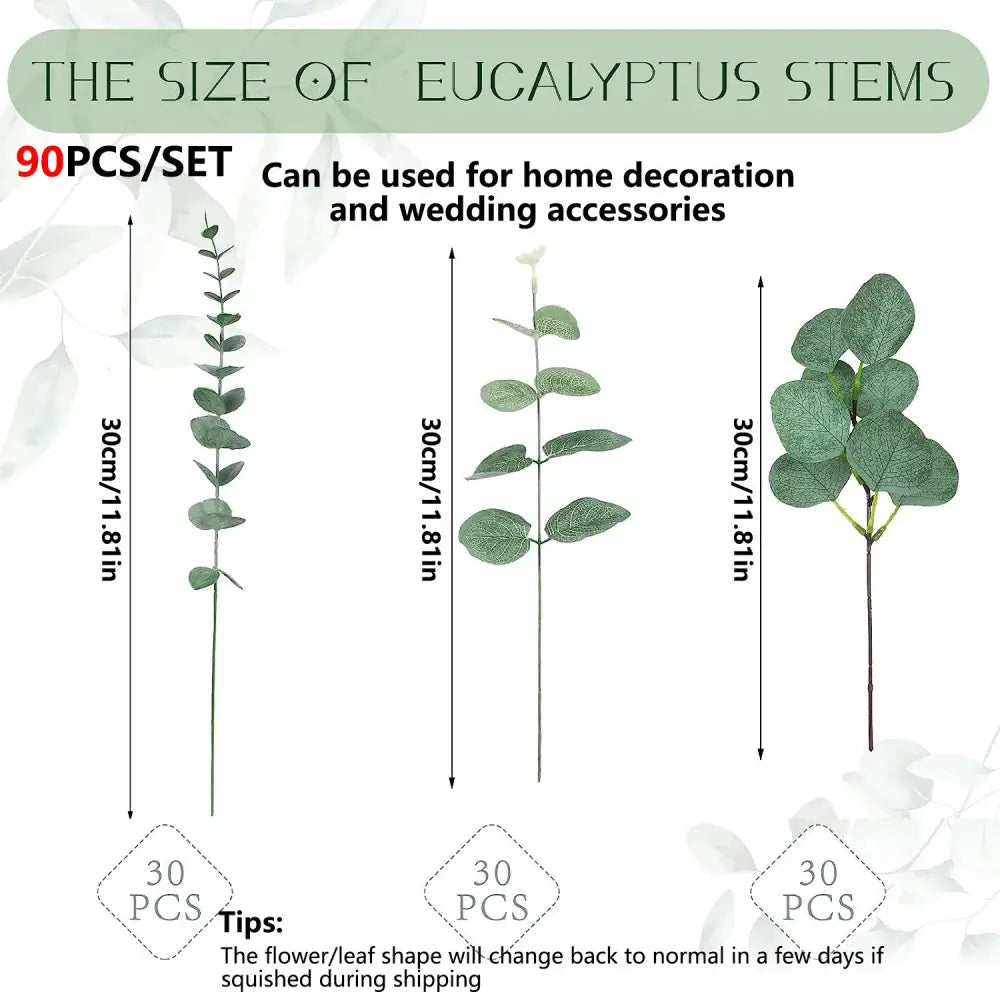 Set of 90 artificial eucalyptus stems in varying leaf shapes for home decoration or wedding accessories
