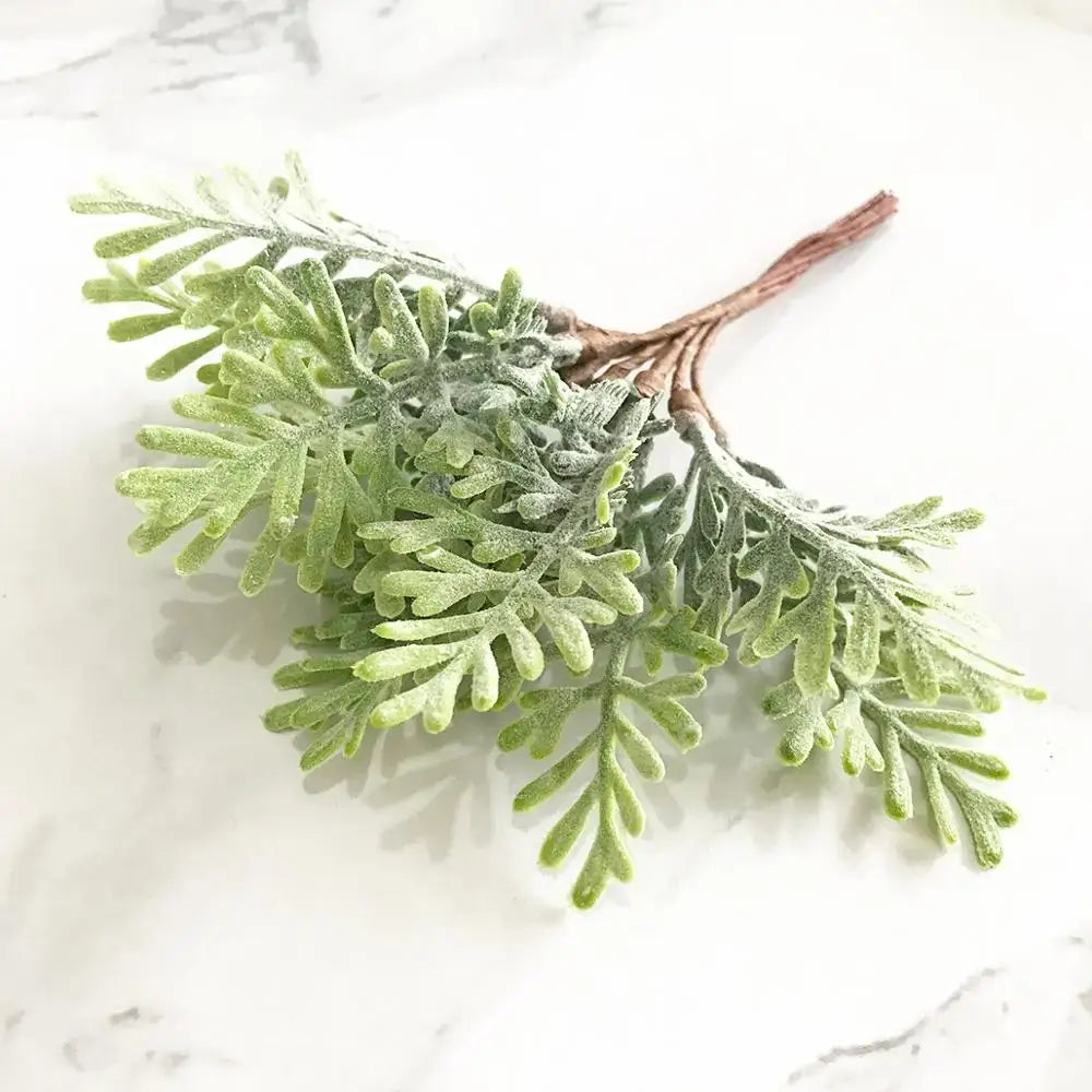 Frosty green artificial fern branch with textured leaf fronds and brown stem for decorbites green plant flower decor