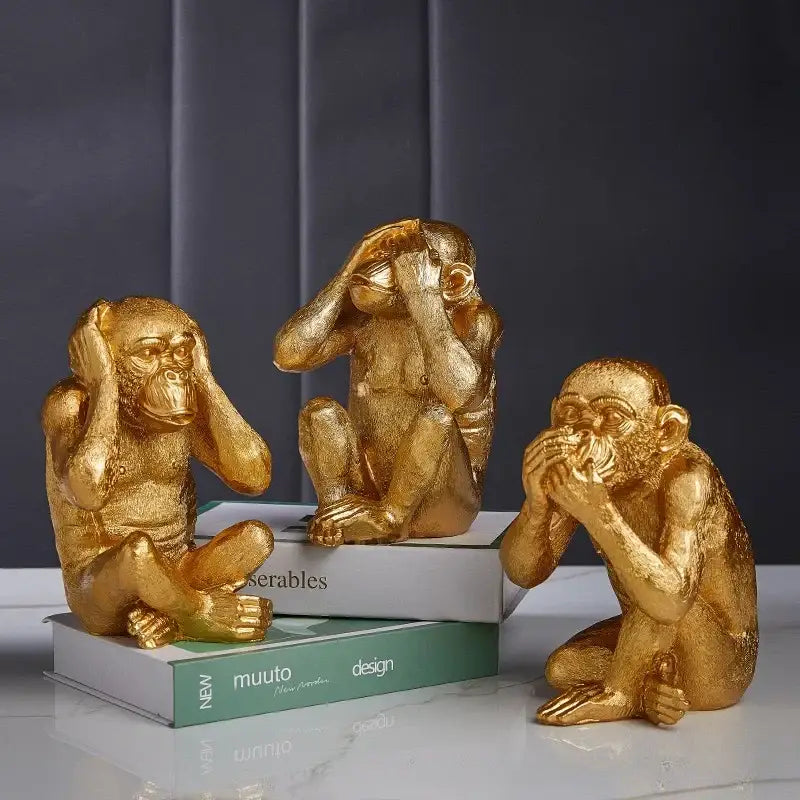 Artisanal three wise golden monkey sculpture with see hear speak no evil poses for living room decorbites golden monkey decor