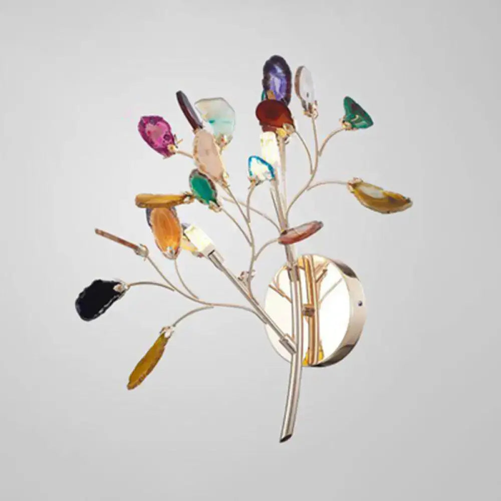 Artistic agate leaf wall light with metallic branch design and colorful gemstone lighting fixture for living area