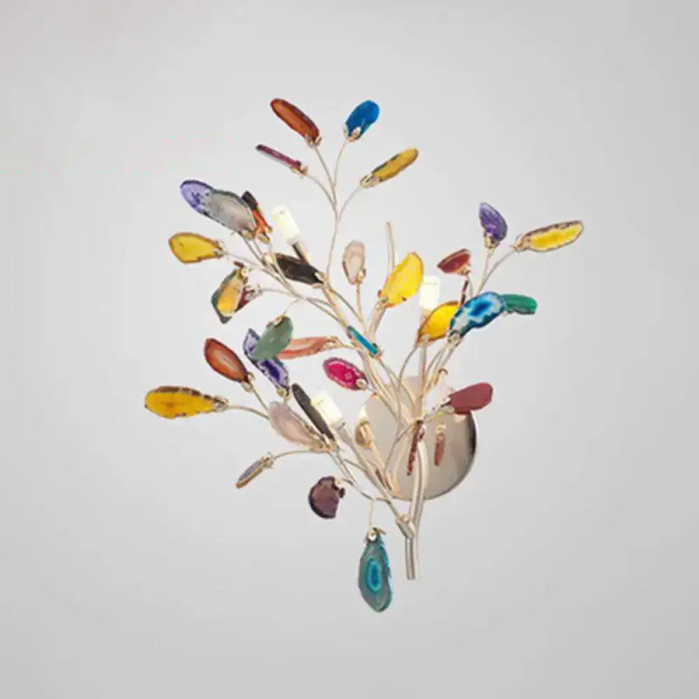 Artistic agate leaf wall light with colorful blue yellow purple and green gemstone slices for living area lighting fixture