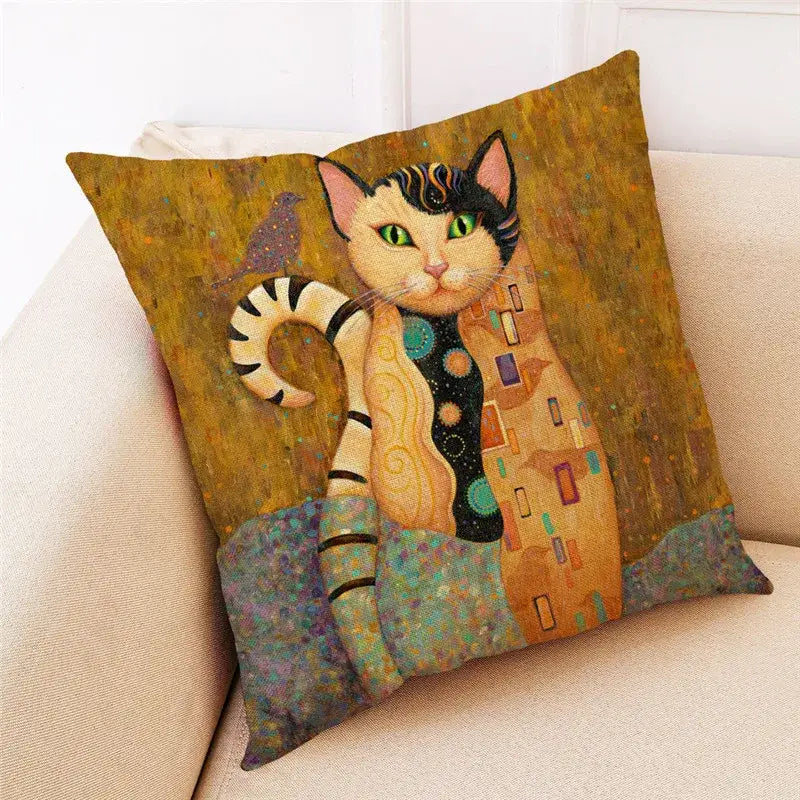 Square throw pillow set of 4 featuring a stylized cat print in black and orange with green eyes for living room decorbites cat print decor