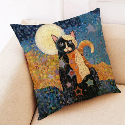 Square throw pillow featuring a stylized black cat print with orange accents on a starry night sky for decorbites cat print decor