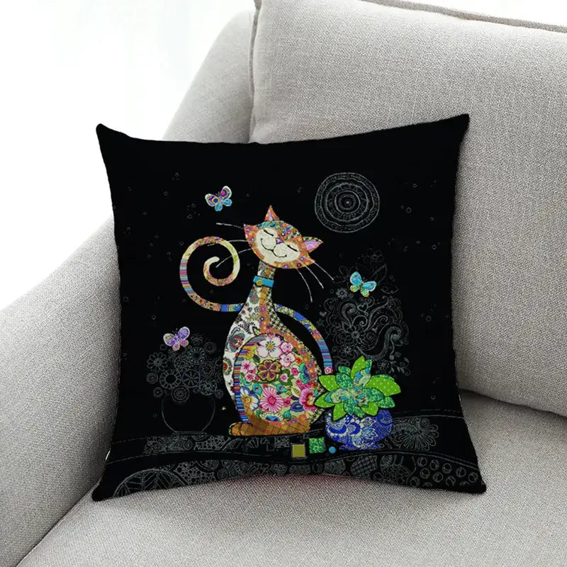 Black cushion cover set of 4 with colorful patchwork cat print featuring floral patterns and butterflies for living room decor