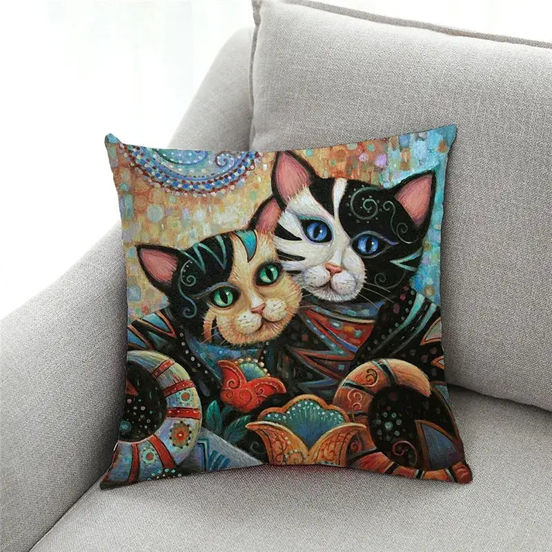 Square cat print black cushion cover set of 4 featuring vibrant stylized cats in black white orange teal and red for living room decorbites decor