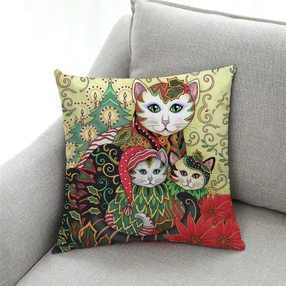 A festive cat print black throw pillow with artistic holiday cats and Christmas decor for living room decorbites cat print