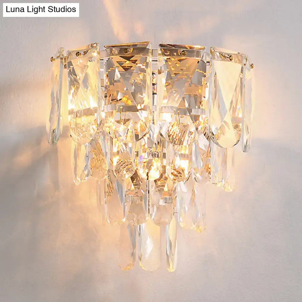 Artistic gold crystal tiered wall lamp with faceted clear glass prisms and teardrop crystals for living room wall light