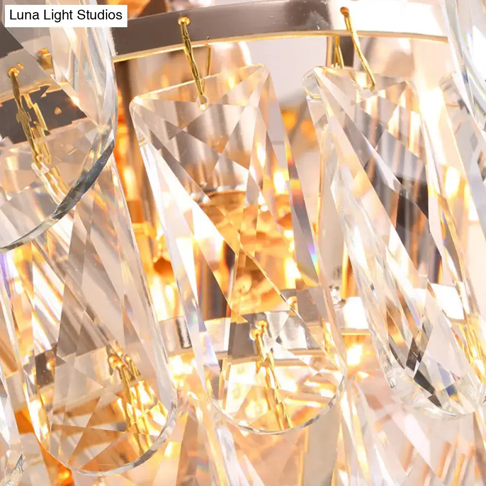 Artistic gold crystal tiered wall lamp with faceted teardrop crystals for elegant living room wall light decor