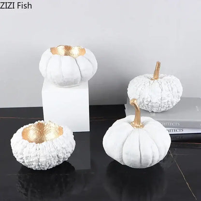 Artistic green and white gold pumpkin resin sculpture featuring white ceramic pumpkins with gold pumpkin resin stems for decorbites gold pumpkin living room decor