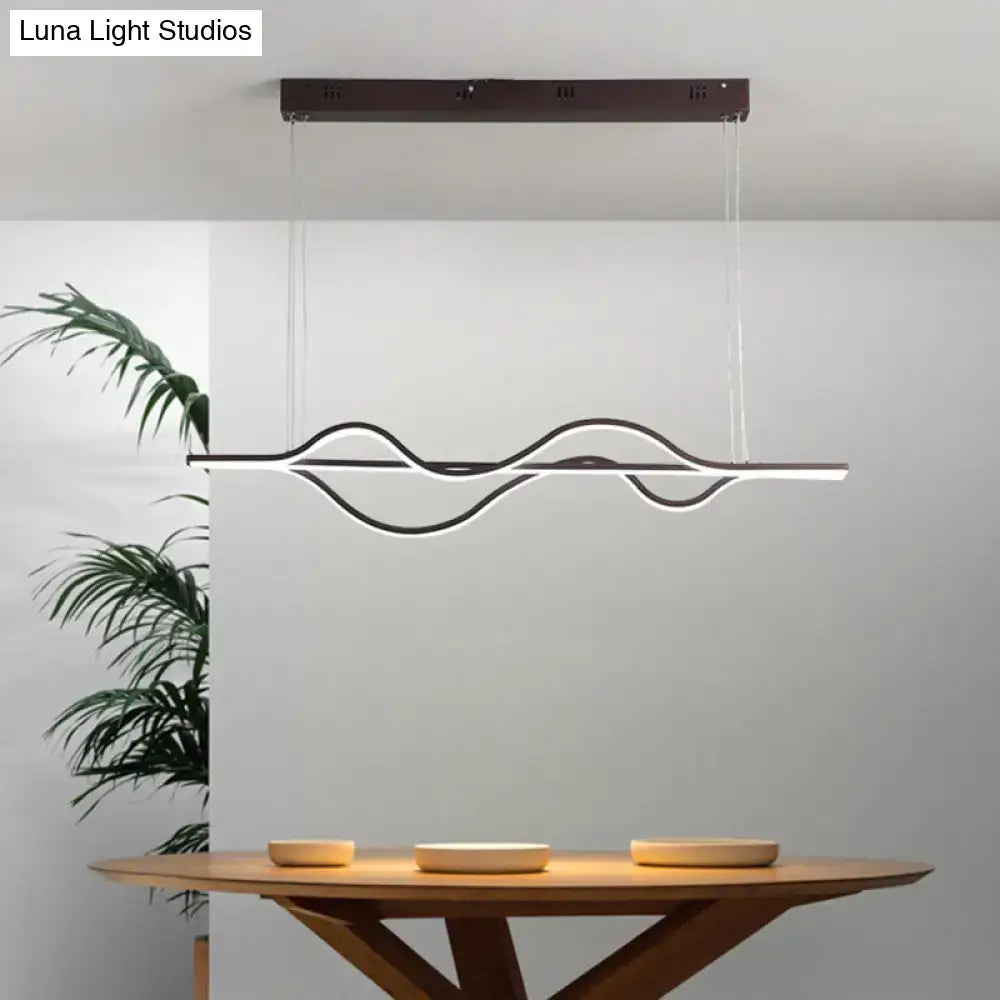 Modern black and white artistic metal dining pendant light fixture with sleek wavy LED design and dark brown ceiling mount