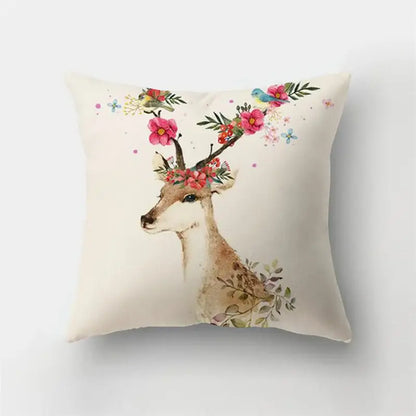Cream-colored short plush cushion featuring decorbites deer animal with floral accents and blue bird for bedroom decorbites bedroom decor