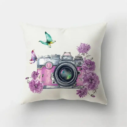A soft white short plush pillow with a vintage pink and silver camera illustration for decorbites deer animal decor