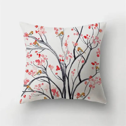 White short plush throw pillow with delicate watercolor black branches pink blossoms and yellow birds for decorbites deer animal decor