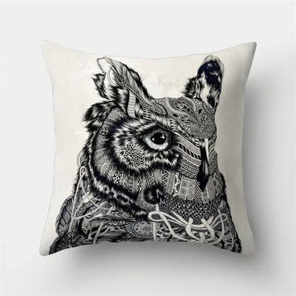 Cream-colored pillow cover with a detailed black and white artistic owl featuring geometric and tribal patterns for decorbites cute owl cushion